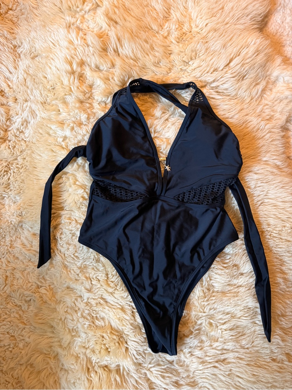 Cupshe Black Halter One-Piece Swimsuit with Mesh Side Panels